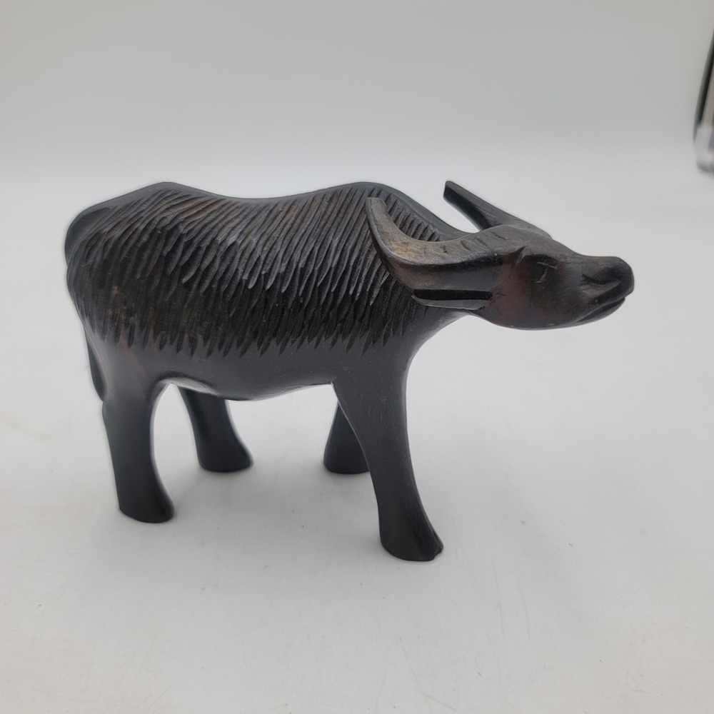 6" in. Hand Carved Wood Water Buffalo Figurine Dark Brown Sculpture